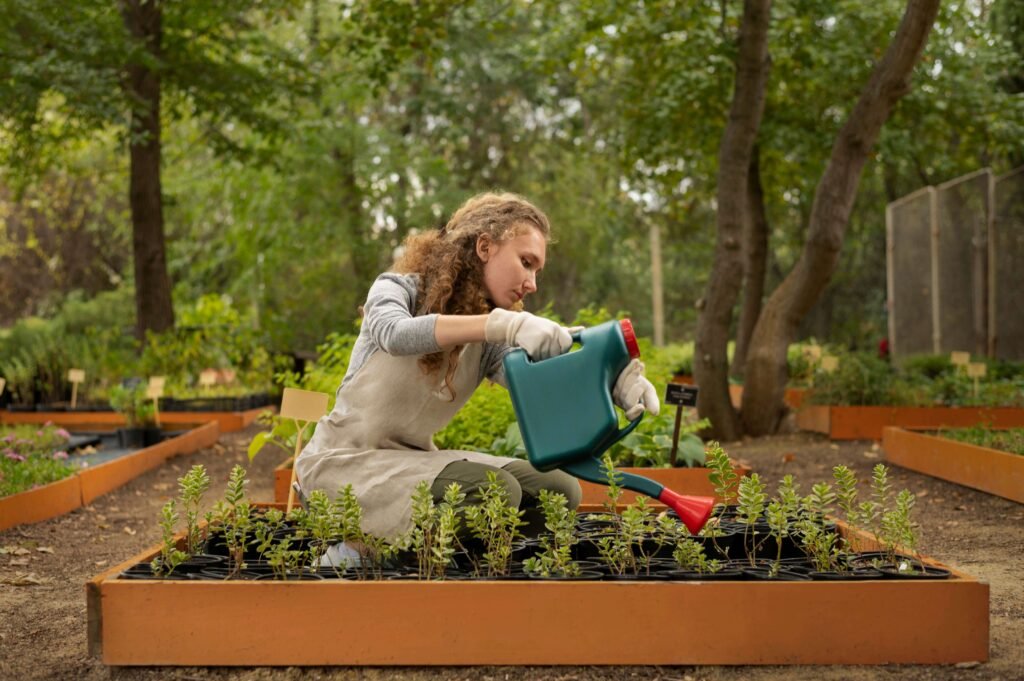 full shot woman watering garden plants 1