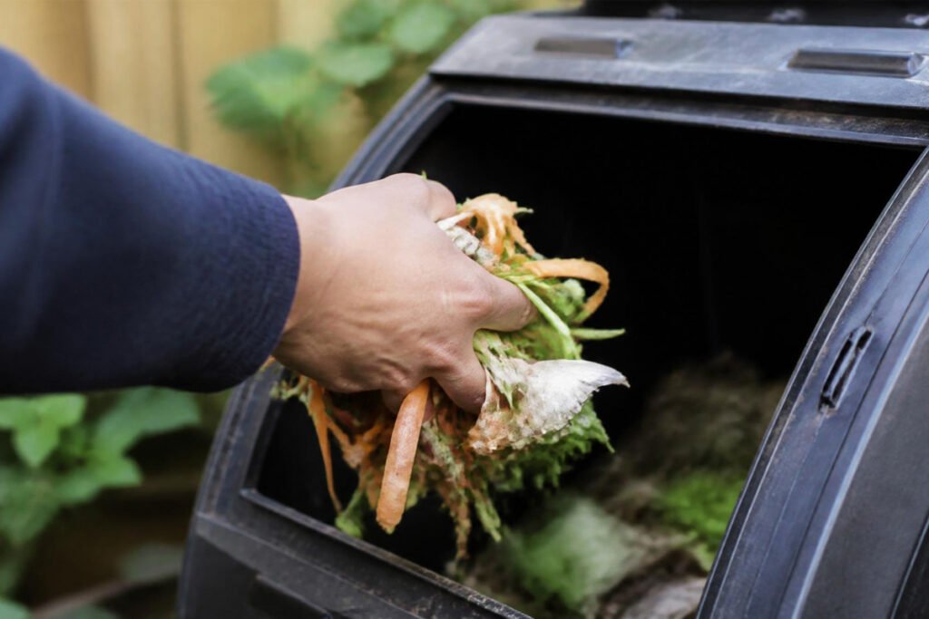 hand adding kitchen scraps to a composting bin