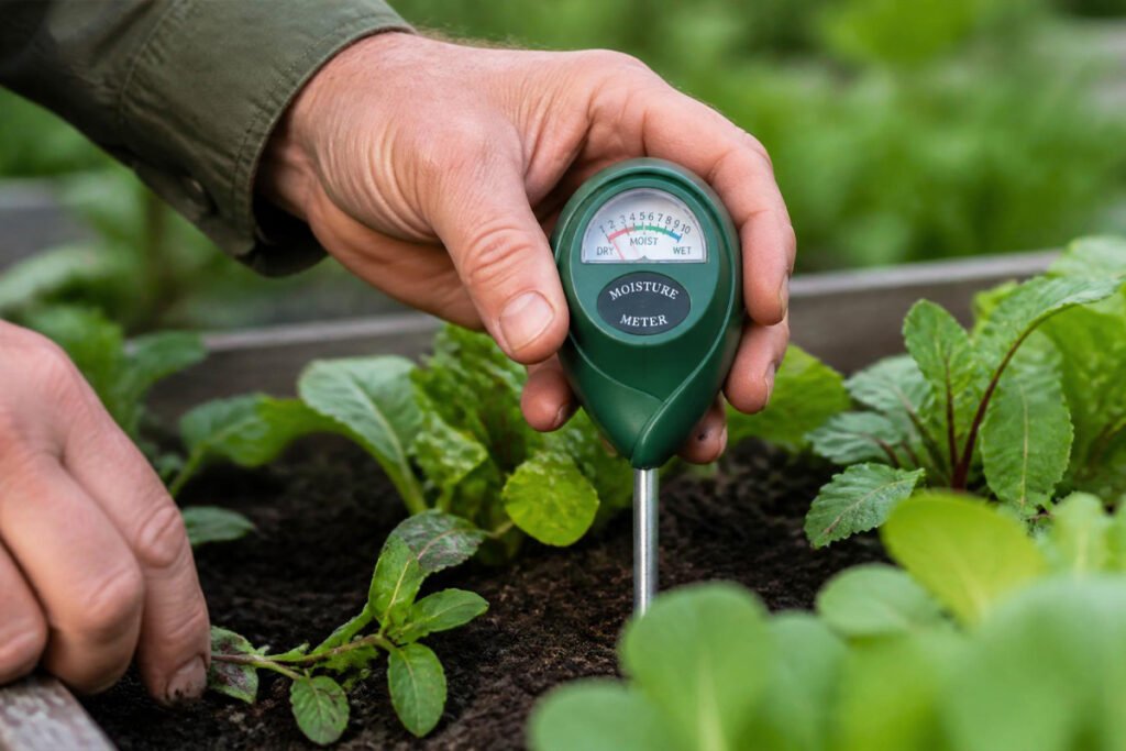 gardener using a soil moisture meter and pruning shears in a raised bed