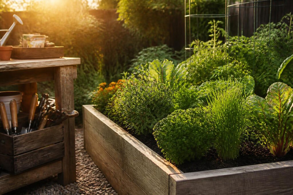 well-maintained garden bed with gardening gadgets neatly stored nearby