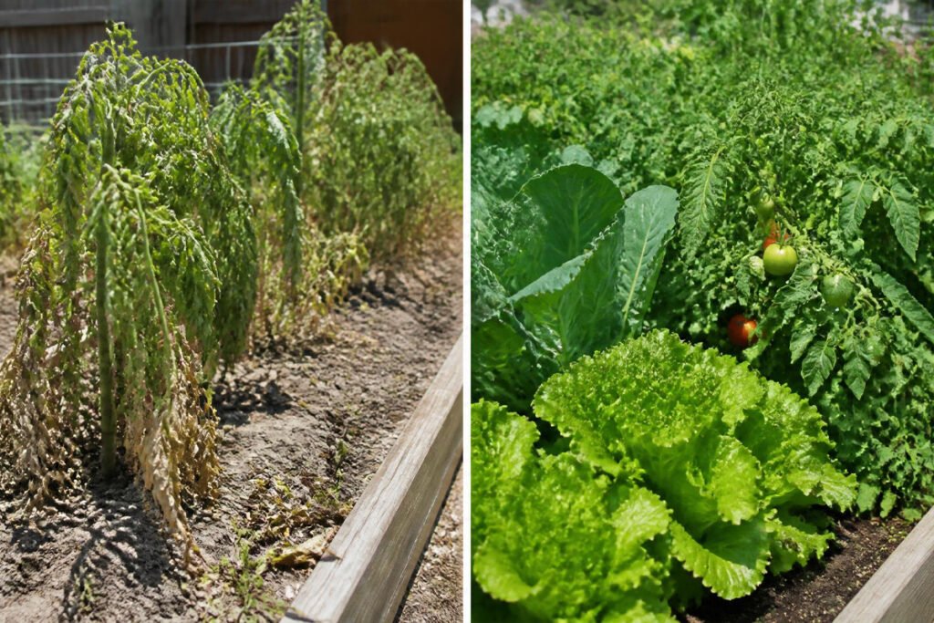 before and after comparison of a poorly watered versus well watered vegetable bed