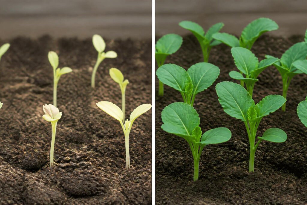 pale vegetable plants before and after organic fertilizer application
