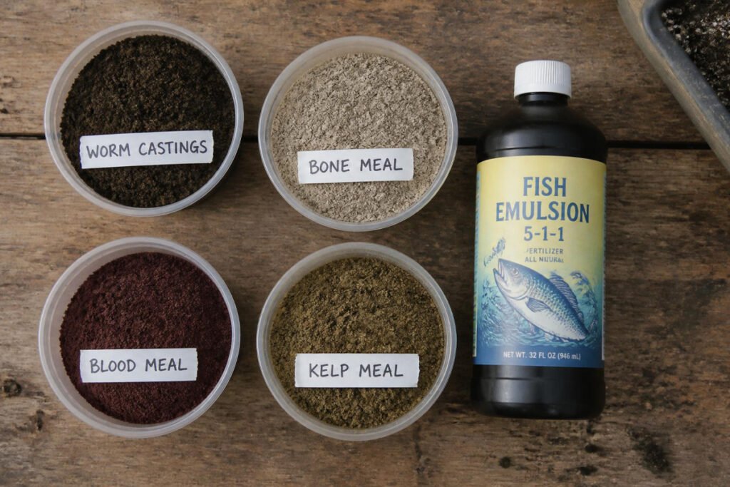 worm castings, bone meal, and fish emulsion bottles for vegetable garden