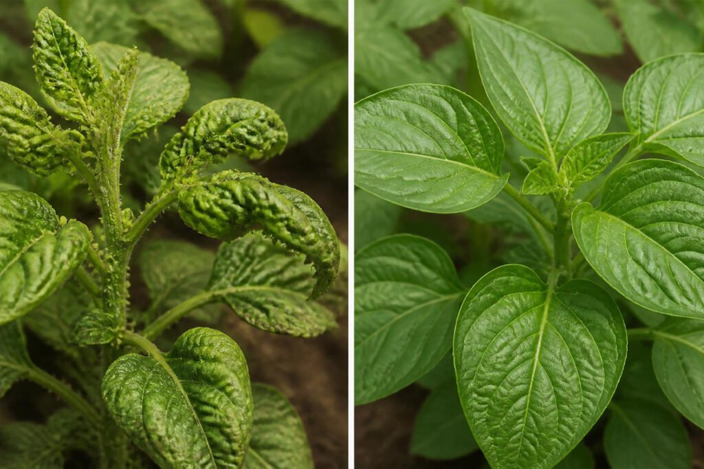 pest-damaged vegetable leaves versus healthy leaves after treatment