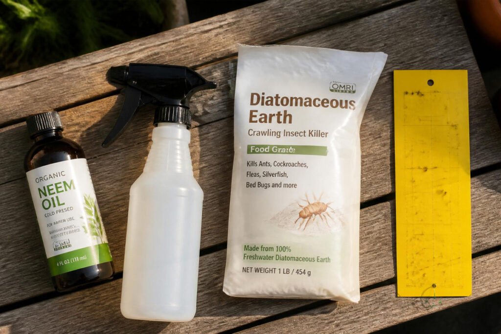 neem oil, insecticidal soap, and diatomaceous earth for organic pest control