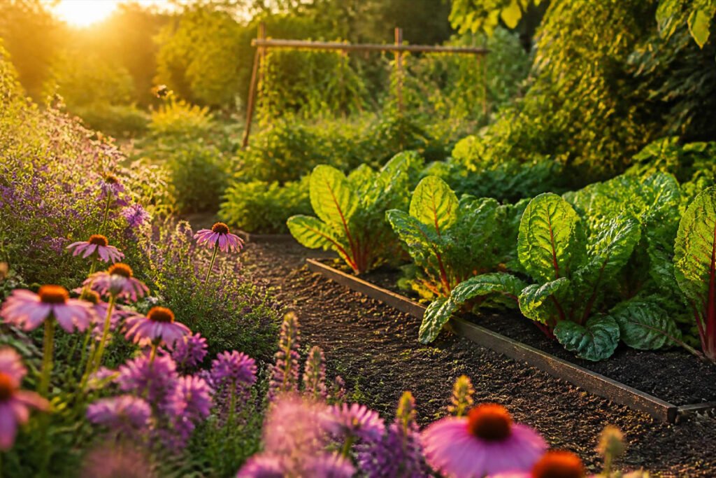 thriving vegetable garden with blooming pollinator plants and bees