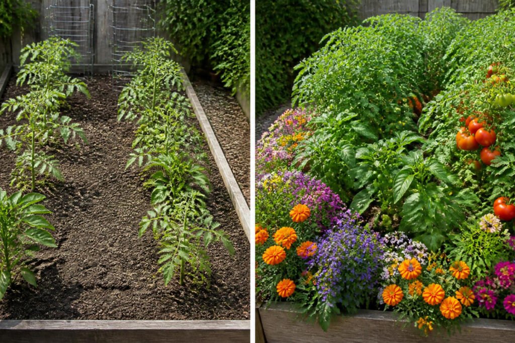 vegetable garden without pollinator plants versus with pollinator plants blooming