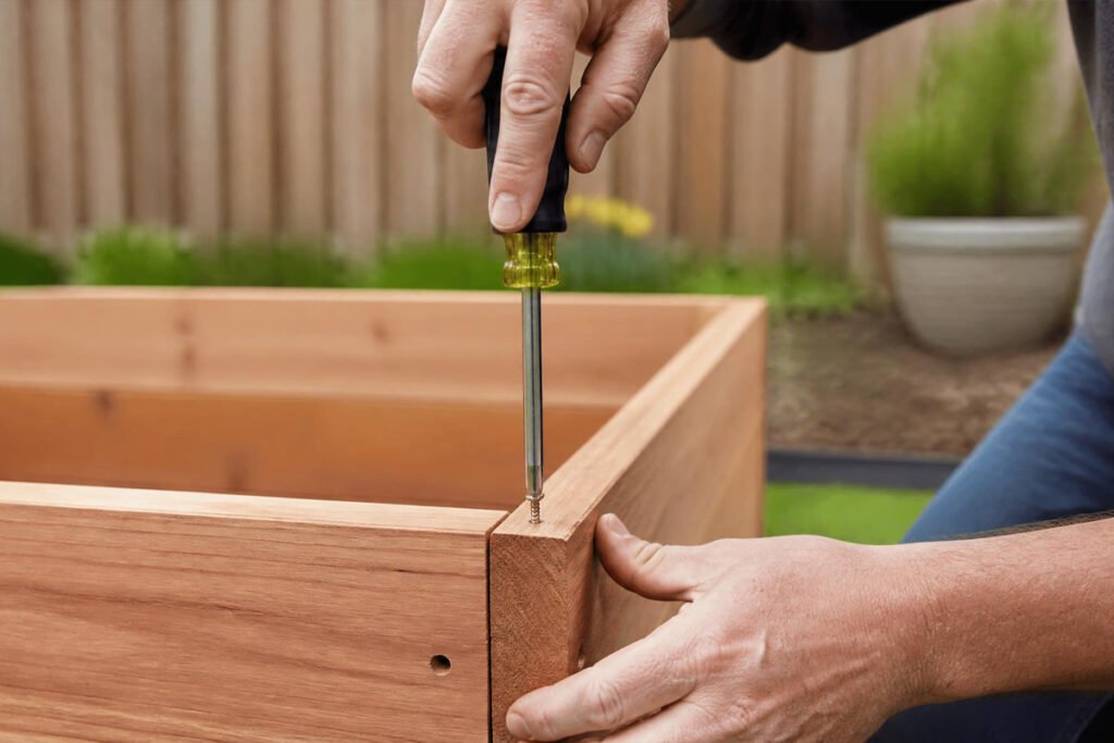hand assembling a raised bed kit with tools