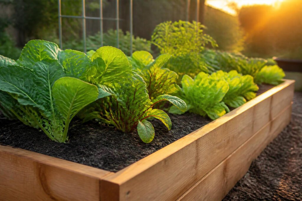 thriving vegetable garden with new raised bed material installed