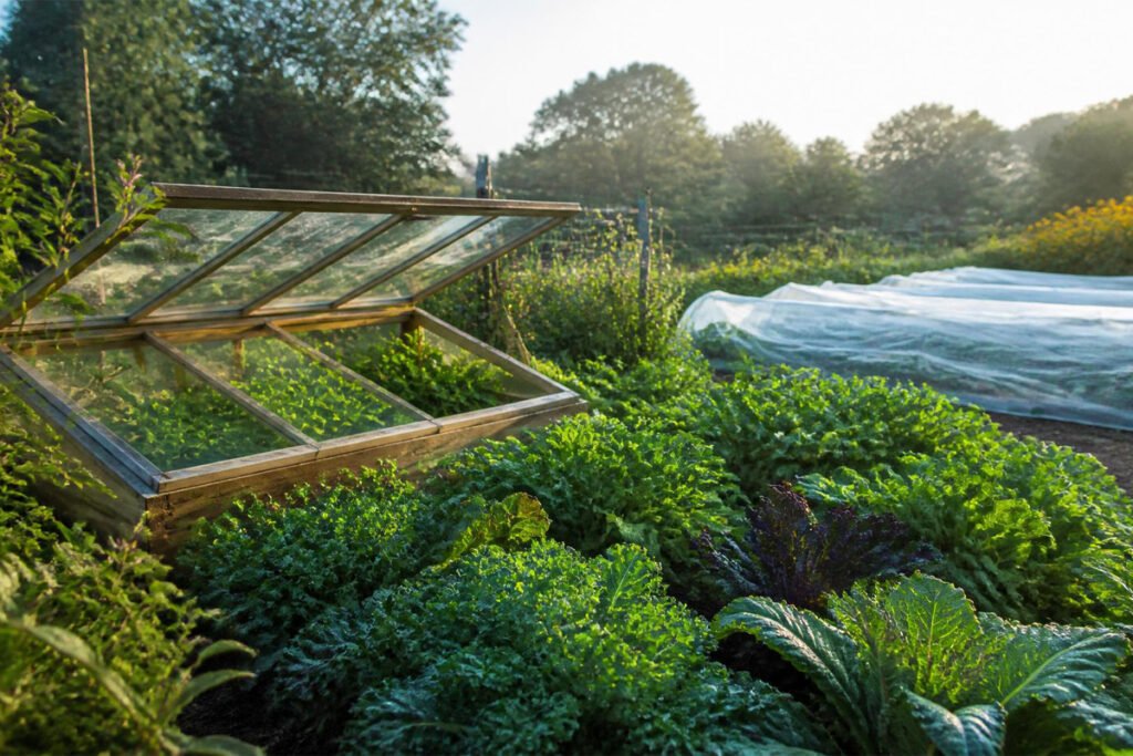 thriving vegetable garden protected under season extension covers