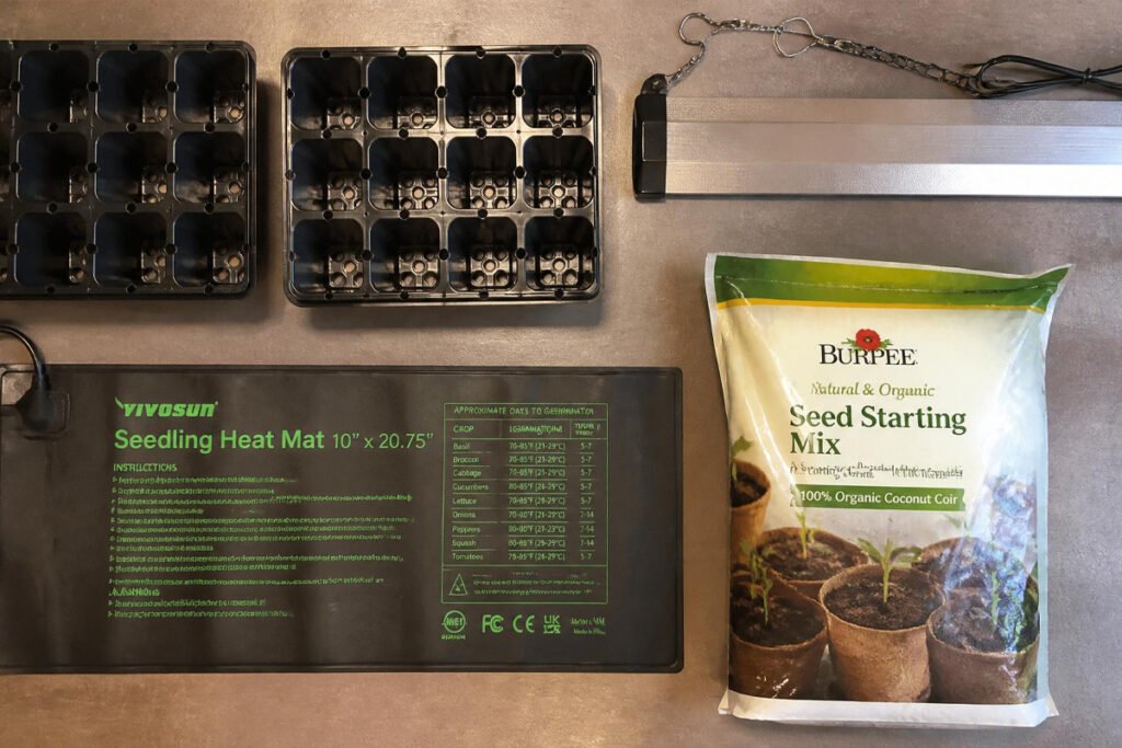 seed trays, grow light, and heat mat for starting seeds indoors