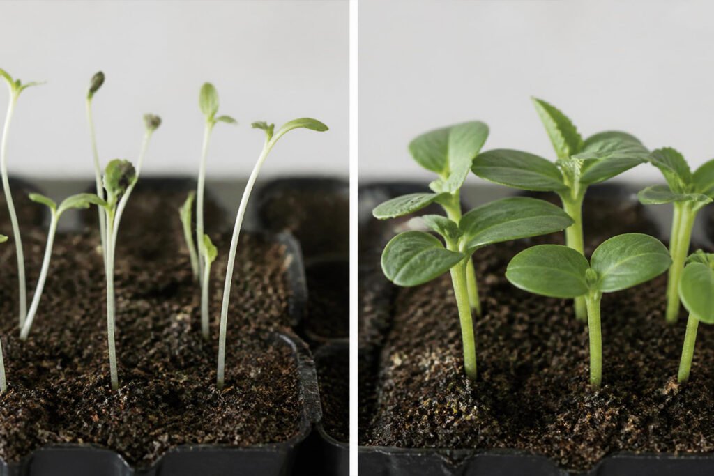leggy weak seedlings before and healthy seedlings after using proper supplies