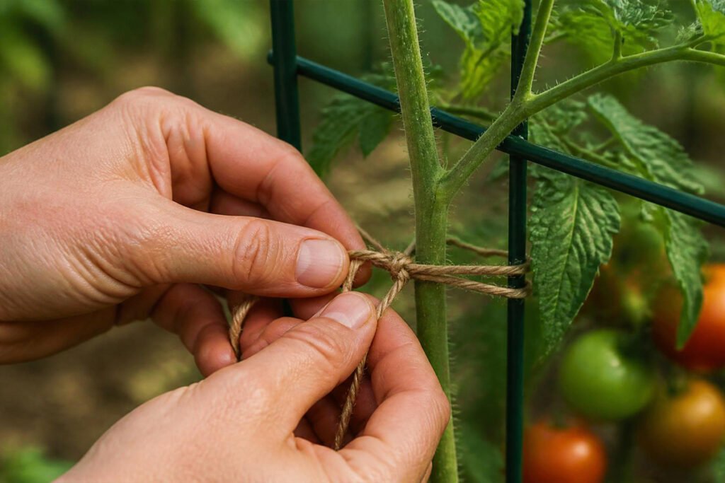 hand tying tomato stem to trellis support