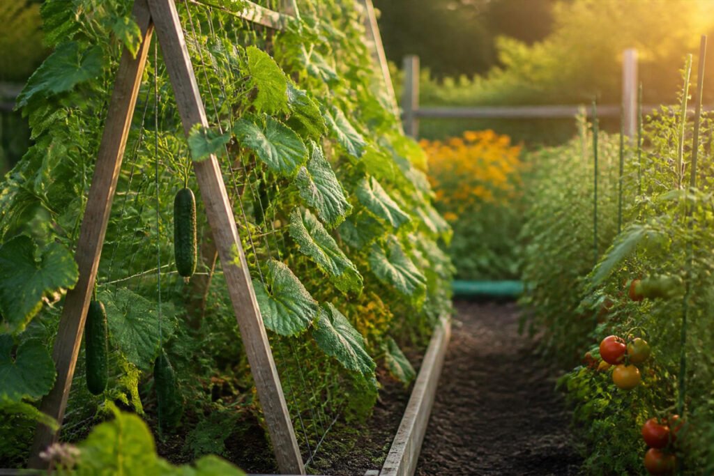 thriving trellised vegetable garden with vertical growing supports