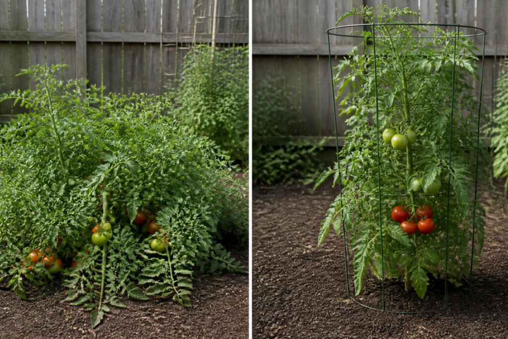 sprawling unsupported tomato plant versus trellised tomato plant
