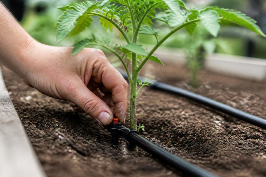 hand installing drip irrigation tubing in vegetable garden bed