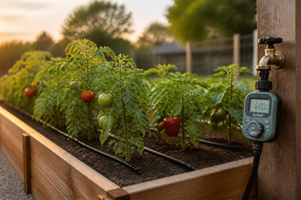 vegetable garden bed with drip irrigation system installed