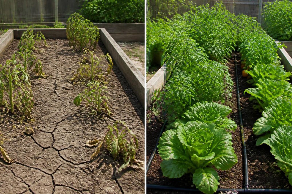 vegetable garden before and after installing drip irrigation