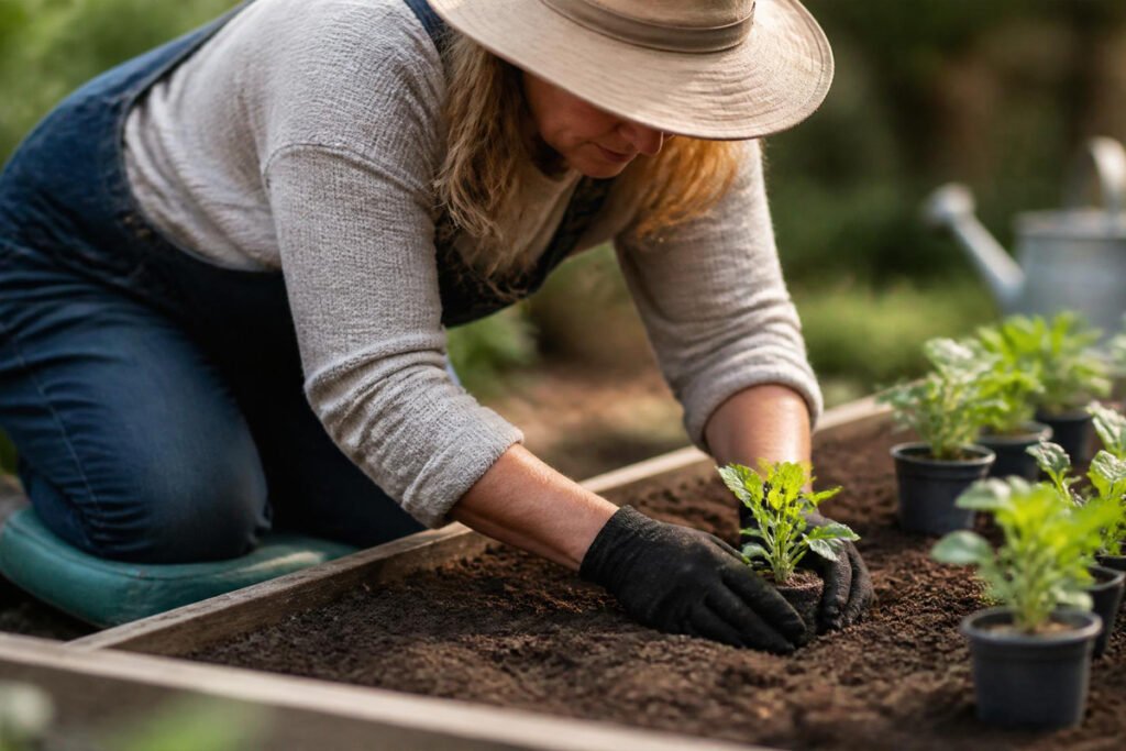 gardener wearing gloves and kneeling pad while using tools
