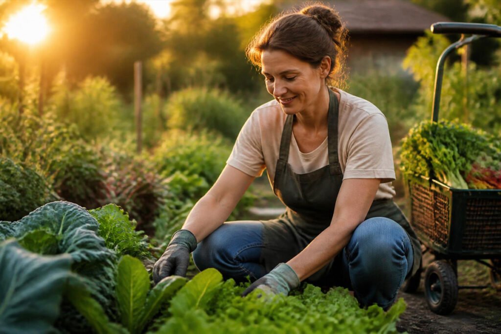 gardener comfortably working with full set of gardening accessories