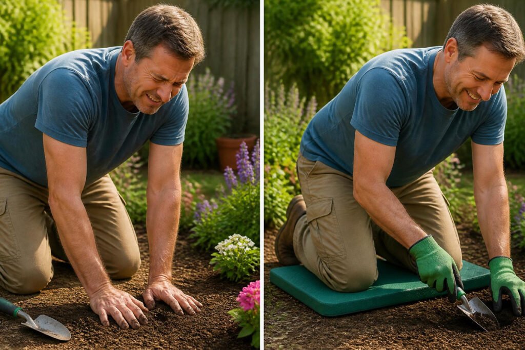 gardener without accessories versus using gloves, kneeler, and cart