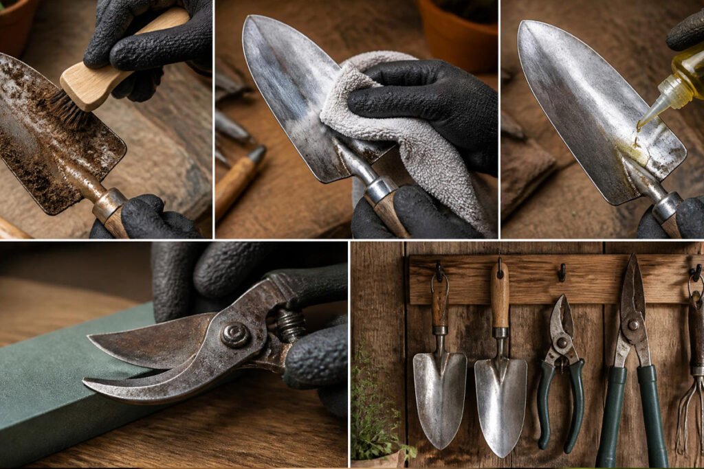 hand cleaning and oiling garden tools after use
