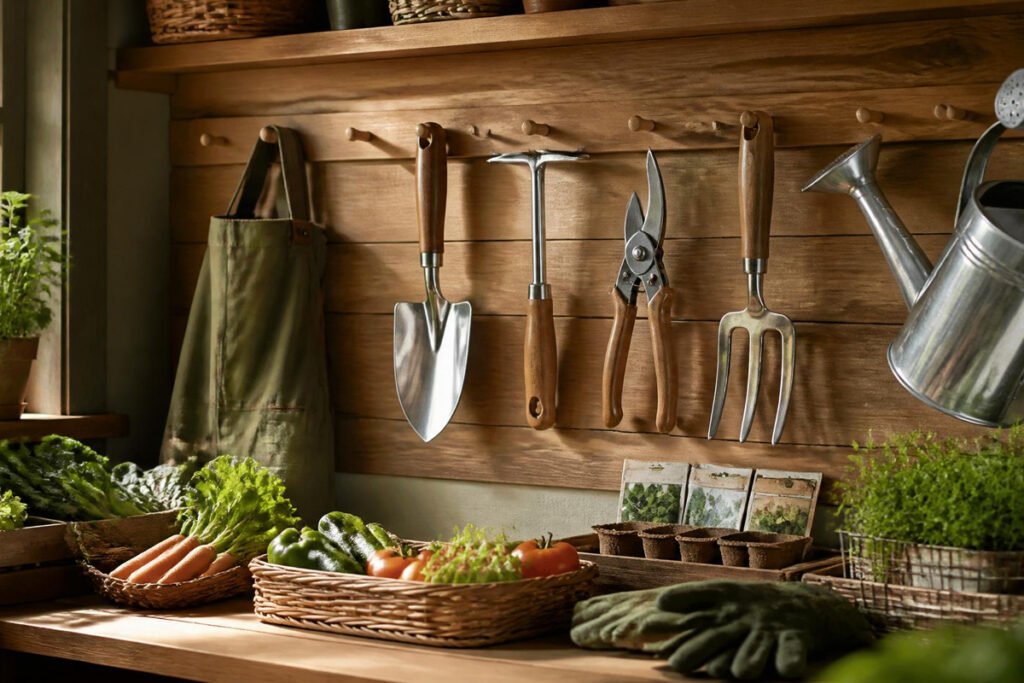 well-organized set of clean gardening tools ready for use