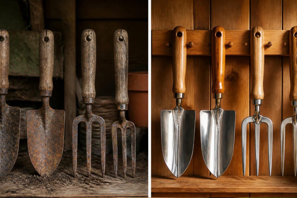 rusty old garden tools next to new well-maintained tools