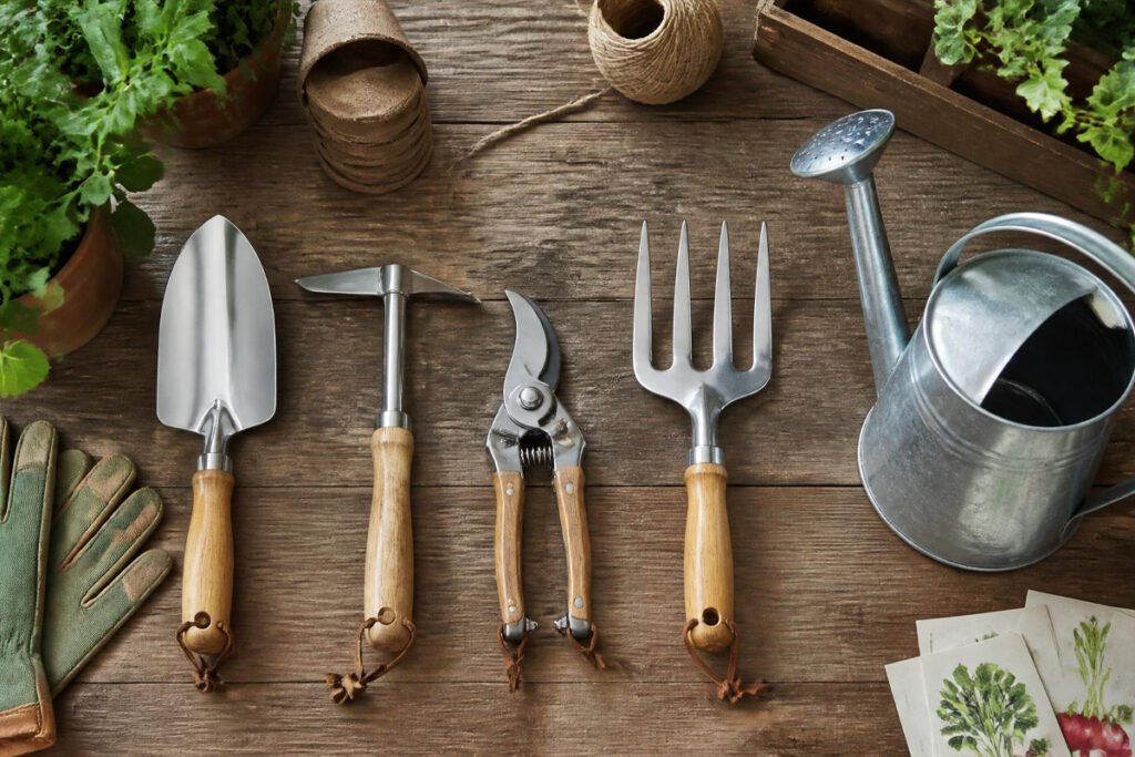 hand trowel, hoe, pruners, fork, and watering can arranged neatly