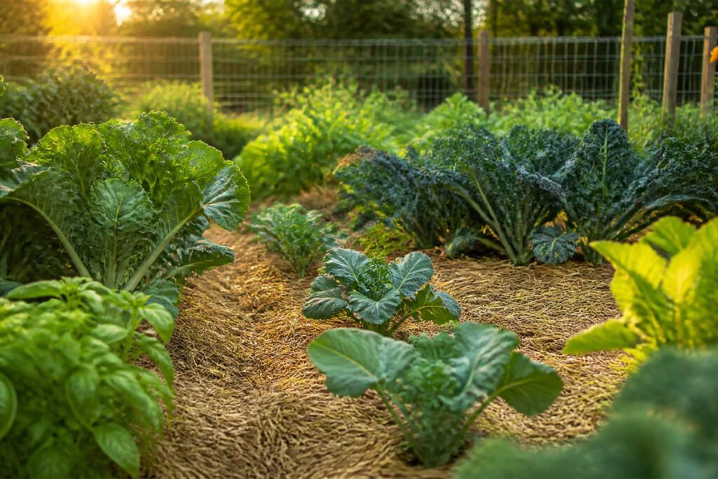 thriving mulched vegetable garden bed with straw and healthy plants