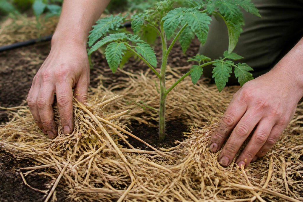 hands spreading straw mulch around vegetable plant stems