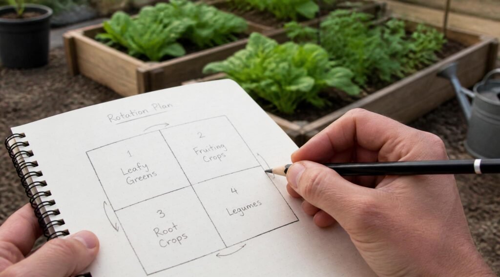 hand drawing a vegetable garden crop rotation map on paper