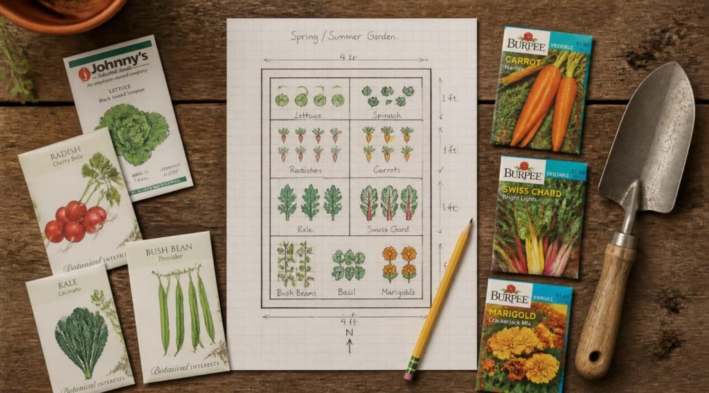 garden journal, graph paper, and seed packets for planning crop rotation