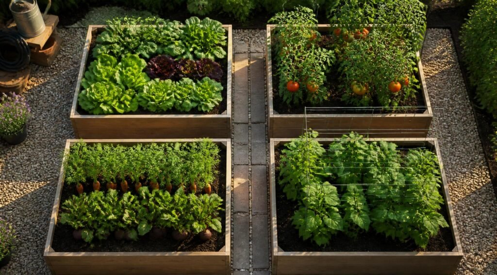 crop rotation for vegetable gardens diagram over raised beds