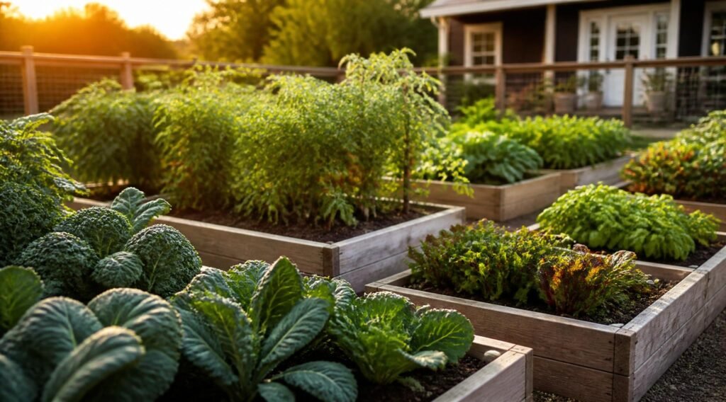 thriving vegetable garden with clearly rotated raised beds