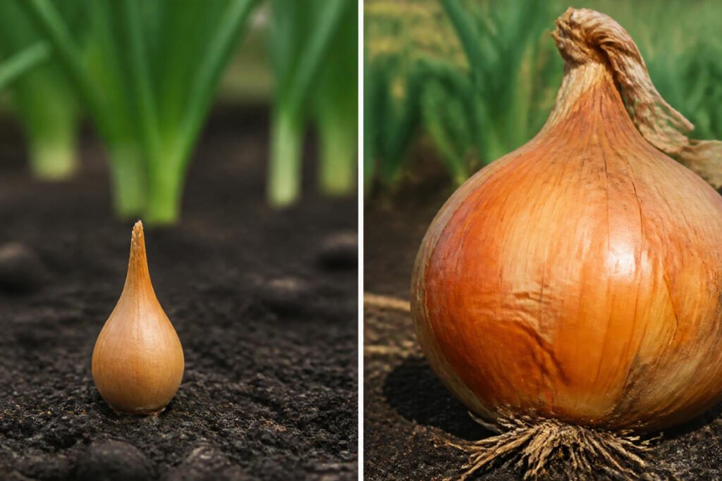 onion set before planting next to mature harvested onion bulb