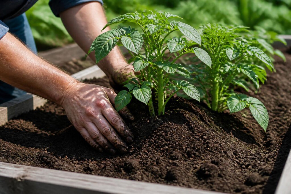 hilling soil around young potato plants step by step