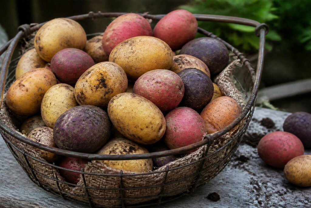 basket of freshly harvested homegrown potatoes