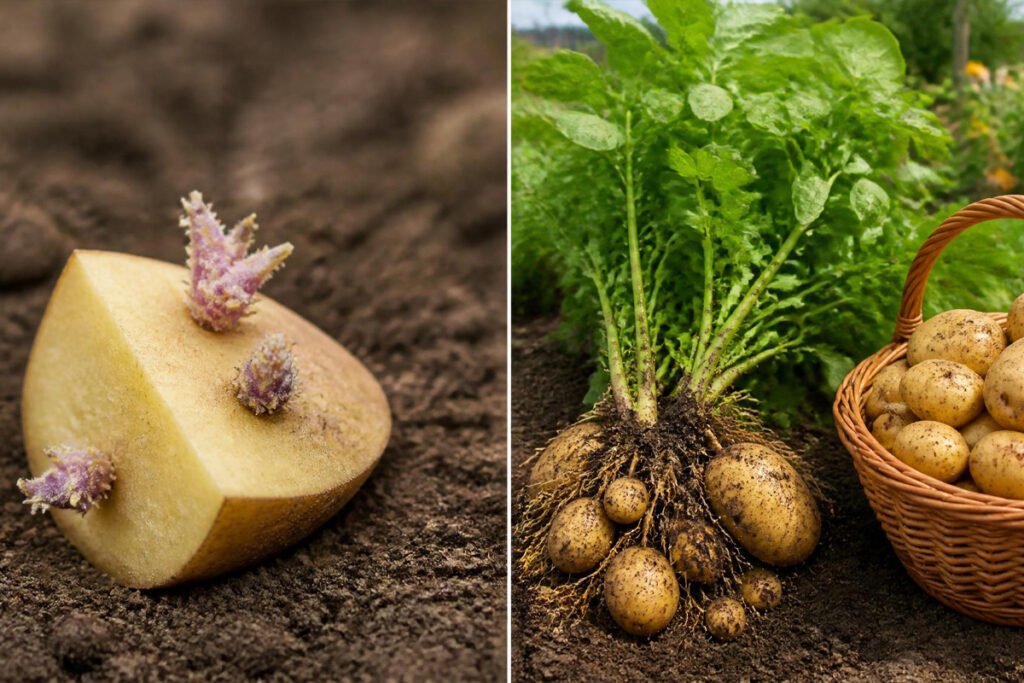 seed potato before planting next to harvested potato plant