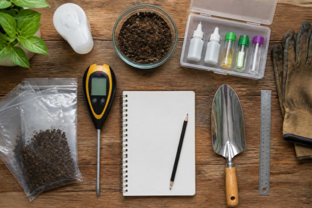 soil pH meter, test kit, and trowel for vegetable garden testing