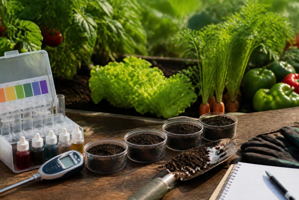 soil testing and pH for vegetable gardens with test kit and soil sample