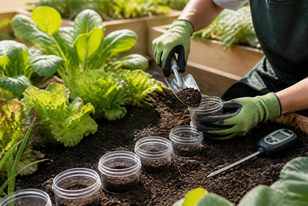 hand collecting soil sample for pH testing in vegetable garden