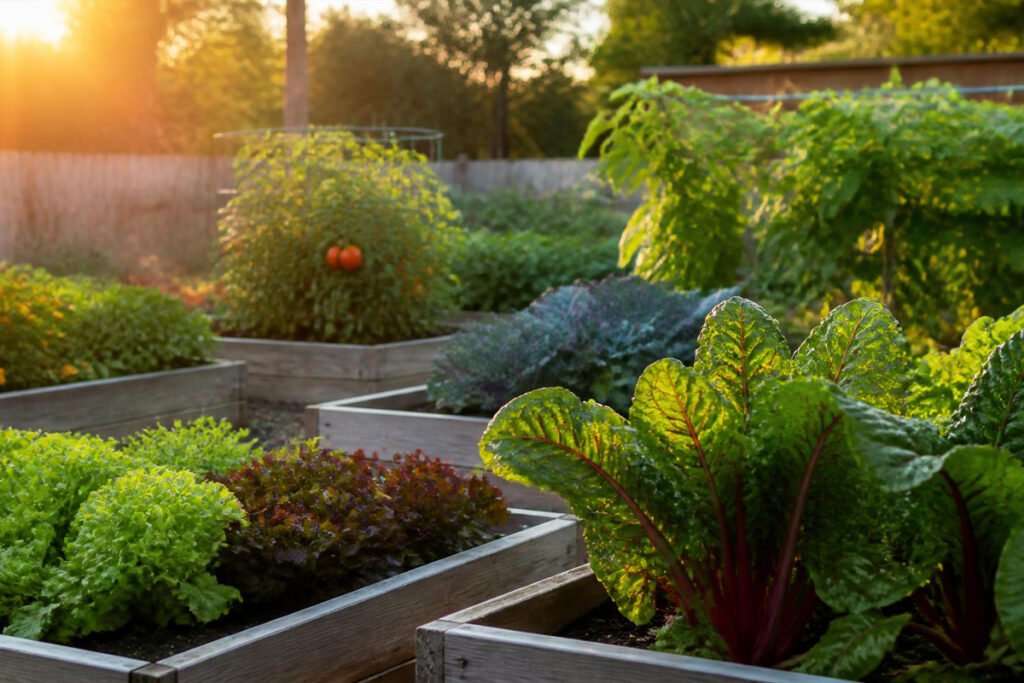 thriving vegetable garden beds after successful crop rotation