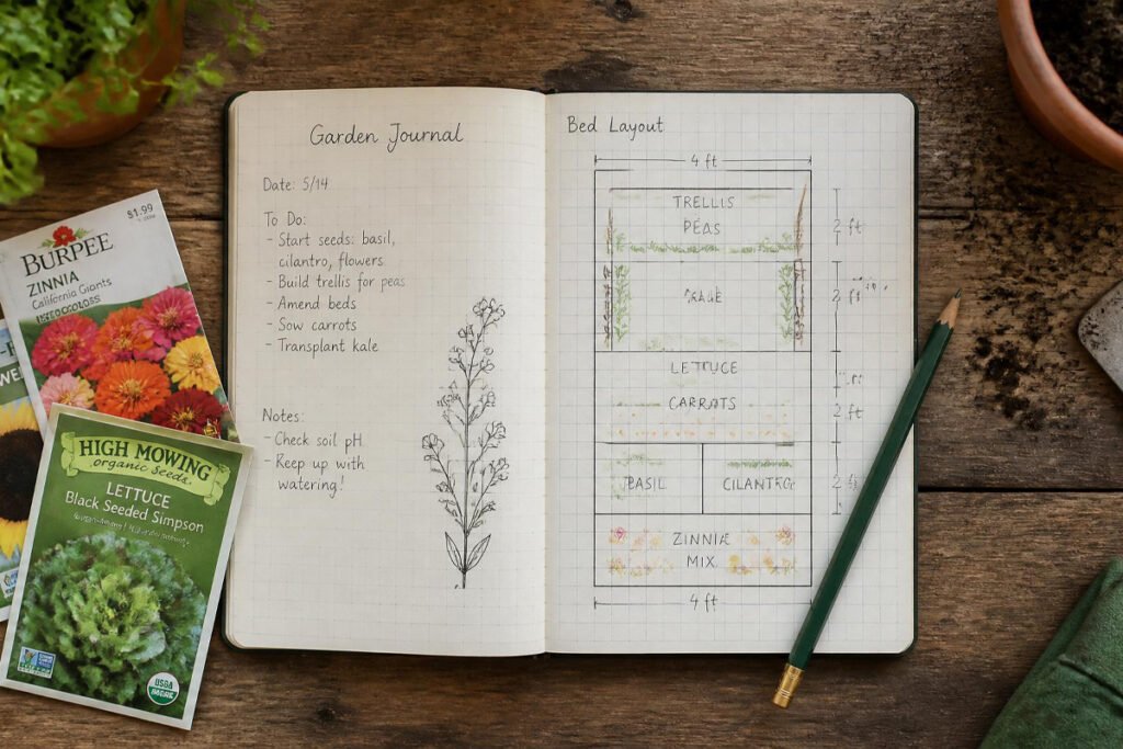 garden journal, graph paper, and pencil for planning vegetable garden crop rotation
