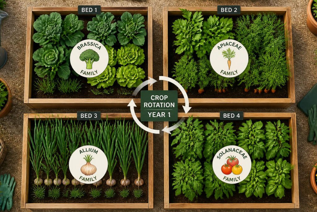 vegetable garden crop rotation diagram with four raised beds