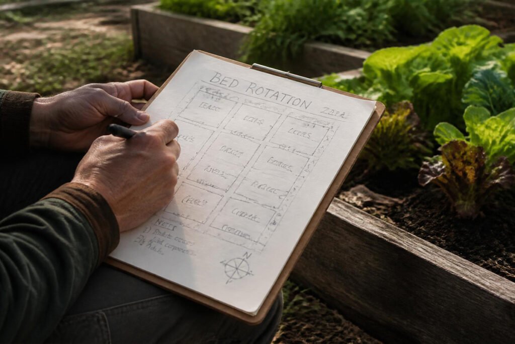 gardener mapping out crop rotation plan for vegetable garden beds