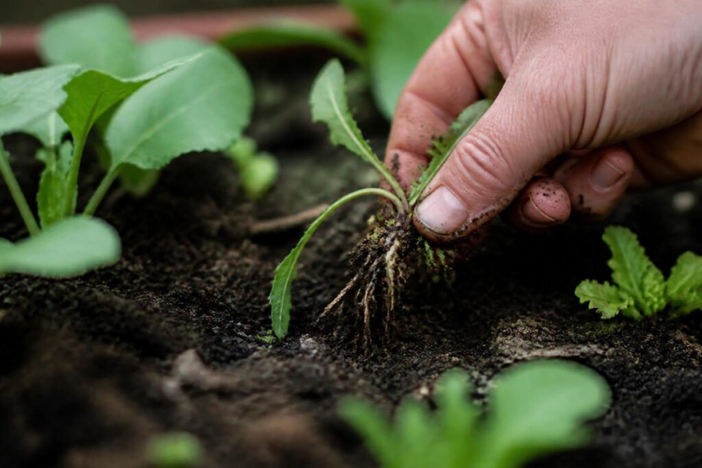 hand pulling weeds from a vegetable garden bed