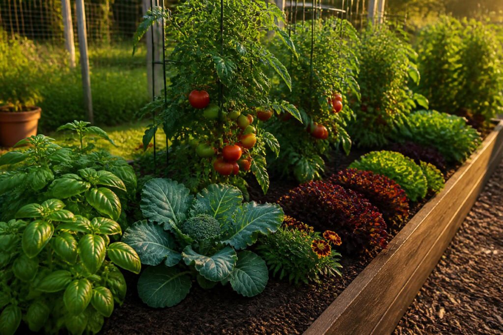 clean weed-free vegetable garden bed with healthy plants