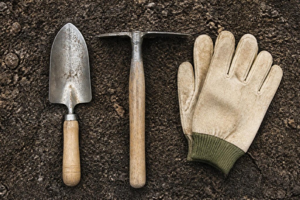 hand trowel, hoe, and gloves for garden weed control