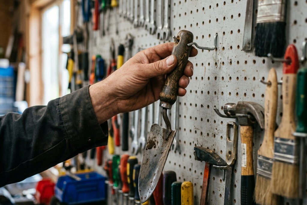 hand organizing tools on a wall-mounted pegboard